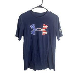 Under Armour Shirt Mens Medium Blue American Flag Graphic Logo HeatGear Loose